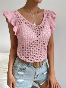 SHEIN VCAY Hollow Out Ruffle Trim Pointelle Knit Sweater Vest Without Bra - Pink - View 7