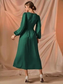 Modelyn 方領燈籠袖前繫帶連衣裙 - 綠色 - 查看 2