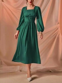 Modelyn 方領燈籠袖前繫帶連衣裙 - 綠色 - 查看 4