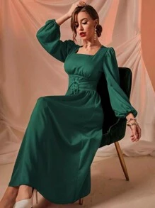 Modelyn 方領燈籠袖前繫帶連衣裙 - 綠色 - 查看 6