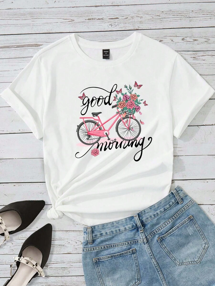 SHEIN Essnce Áo thun nữ Hoa Lá thư Giải trí - trắng - Xem 1