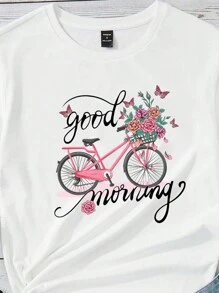 SHEIN Essnce Áo thun nữ Hoa Lá thư Giải trí - trắng - Xem 4