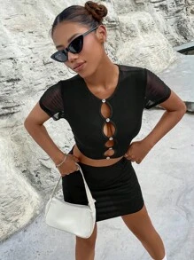 VaVaBold Bộ đồ hai mảnh nữ Cắt ra Nút phía trước màu trơn Gợi cảm - màu đen - Xem 4