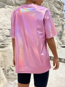 SHEIN Unity Holographic Drop Shoulder Tee - Pink - View 2