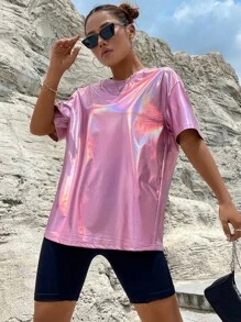 SHEIN Unity Holographic Drop Shoulder Tee - Pink - View 4