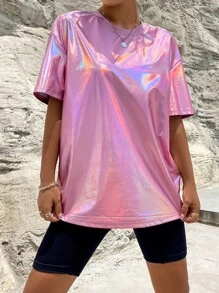 SHEIN Unity Holographic Drop Shoulder Tee - Pink - View 5