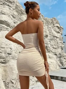 Chiquease Đầm Dây kéo Xù màu trơn Gợi cảm - Màu be - Xem 2