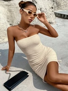 Chiquease Đầm Dây kéo Xù màu trơn Gợi cảm - Màu be - Xem 6