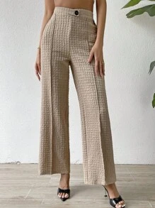 SHEIN Privé Quần nữ Nút Dây kéo Sọc ca rô răng cưa Giải trí Thanh lịch - Màu Khaki - Xem 1