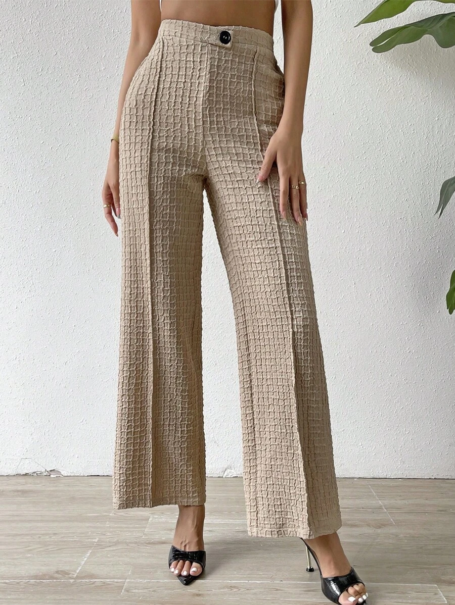 SHEIN Privé Quần nữ Nút Dây kéo Sọc ca rô răng cưa Giải trí Thanh lịch - Màu Khaki - Xem 1