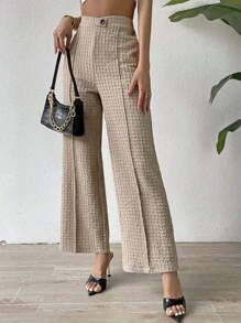 SHEIN Privé Quần nữ Nút Dây kéo Sọc ca rô răng cưa Giải trí Thanh lịch - Màu Khaki - Xem 3