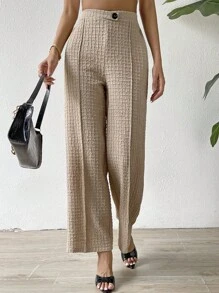 SHEIN Privé Quần nữ Nút Dây kéo Sọc ca rô răng cưa Giải trí Thanh lịch - Màu Khaki - Xem 4