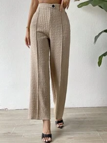 SHEIN Privé Quần nữ Nút Dây kéo Sọc ca rô răng cưa Giải trí Thanh lịch - Màu Khaki - Xem 6