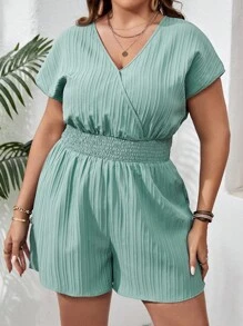 SHEIN VCAY Plus Surplice Neck Batwing Sleeve Romper - Mint Blue - View 1