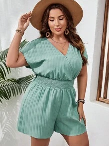 SHEIN VCAY Plus Surplice Neck Batwing Sleeve Romper - Mint Blue - View 5