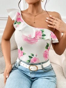 SHEIN Privé 印花單肩荷葉邊上衣 - 白色 - 查看 1