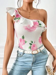 SHEIN Privé 印花單肩荷葉邊上衣 - 白色 - 查看 3