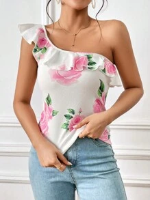 SHEIN Privé 印花單肩荷葉邊上衣 - 白色 - 查看 4