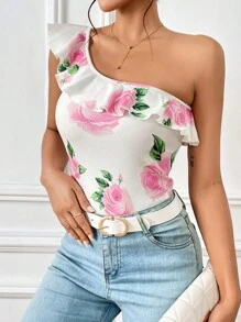 SHEIN Privé 印花單肩荷葉邊上衣 - 白色 - 查看 5