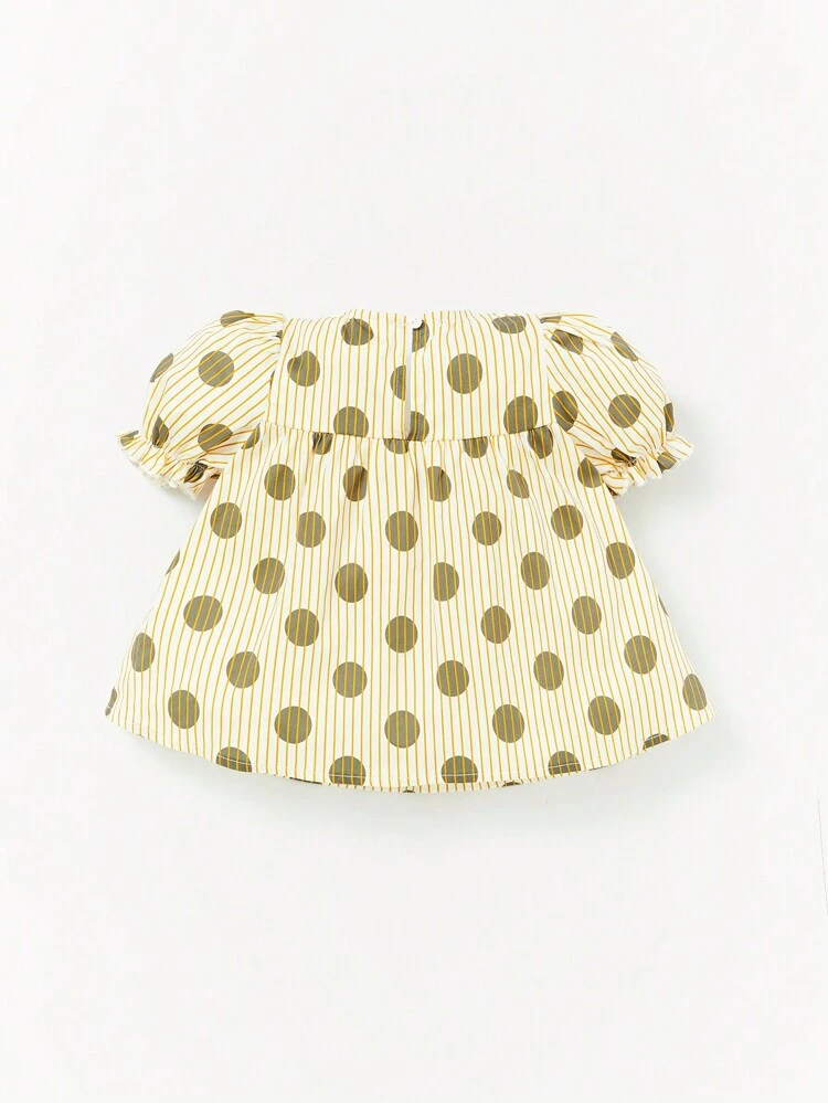 Baby Striped & Polka Dot Print Bow Front Puff Sleeve Top & Shorts
