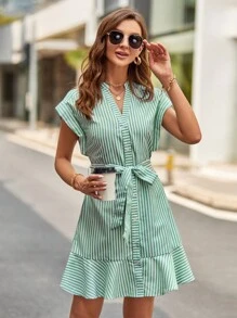 SHEIN Privé Đầm Viên lá sen Nút phía trước Thắt lưng Sọc Giải trí - màu xanh lá - Xem 1