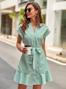 SHEIN Privé Đầm Viên lá sen Nút phía trước Thắt lưng Sọc Giải trí - màu xanh lá - Xem 6