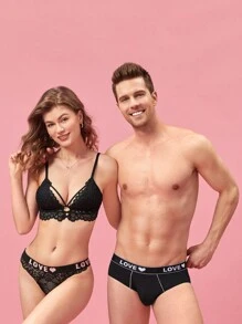 Men 1pc Letter Tape Brief - Black - View 2