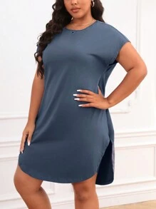 SHEIN LUNE 大碼素色蝙蝠袖弧形下擺T恤連衣裙 - 霧霾藍 - 查看 4