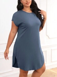 SHEIN LUNE 大碼素色蝙蝠袖弧形下擺T恤連衣裙 - 霧霾藍 - 查看 5