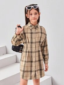 SHEIN 女童經典格子收腰長袖襯衫洋裝