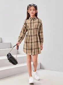 SHEIN 女童經典格子收腰長袖襯衫洋裝