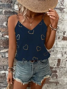SHEIN LUNE Áo khoác và áo lót dành cho xe tăng nữ Chuỗi Tim Giải trí - Màu xanh hải quân - Xem 3
