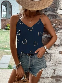 SHEIN LUNE Áo khoác và áo lót dành cho xe tăng nữ Chuỗi Tim Giải trí - Màu xanh hải quân - Xem 4