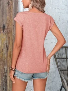 SHEIN LUNE Áo thun nữ Nút Nút phía trước màu trơn Giải trí - Hồng - Xem 2