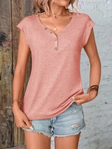 SHEIN LUNE Áo thun nữ Nút Nút phía trước màu trơn Giải trí - Hồng - Xem 4
