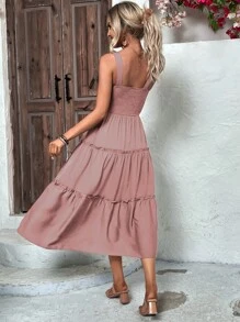 SHEIN Clasi Đầm Viên lá sen Dải chun màu trơn Boho - Hồng - Xem 2