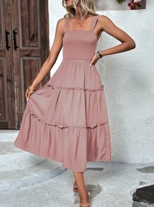 SHEIN Clasi Đầm Viên lá sen Dải chun màu trơn Boho - Hồng - Xem 4