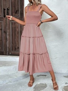 SHEIN Clasi Đầm Viên lá sen Dải chun màu trơn Boho - Hồng - Xem 5