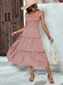 SHEIN Clasi Đầm Viên lá sen Dải chun màu trơn Boho - Hồng - Xem 6