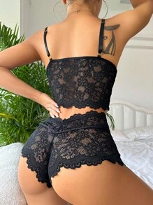 Floral Lace Cut Out Bow Front Lingerie Set Bow Tie, Baddie Look