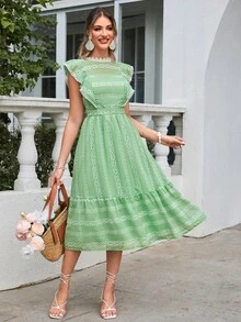 Simplee Đầm Xù Viên lá sen Dây kéo Tranh thêu Tương phản ren Bộ lạc Boho - màu xanh lá - Xem 4