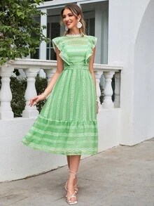 Simplee Đầm Xù Viên lá sen Dây kéo Tranh thêu Tương phản ren Bộ lạc Boho - màu xanh lá - Xem 5