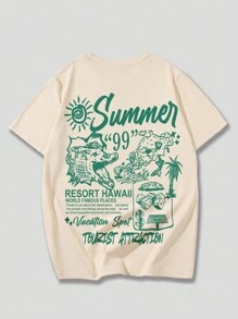 ROMWE MEN Street Life Men Slogan & Cartoon Graphic Drop Shoulder Tee - Khaki - View 1