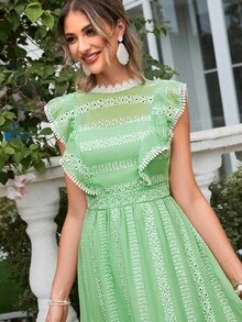 Simplee Đầm Xù Viên lá sen Dây kéo Tranh thêu Tương phản ren Bộ lạc Boho - màu xanh lá - Xem 6