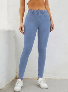 SHEIN Frenchy 彈性腰帶緊身牛仔褲 - 淺色水洗藍 - 查看 3