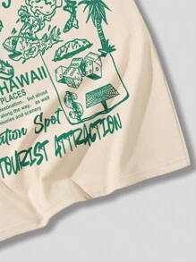 ROMWE MEN Street Life Men Slogan & Cartoon Graphic Drop Shoulder Tee - Khaki - View 5