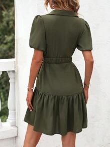 SHEIN LUNE Puff Sleeve Ruffle Hem Belted Shirt Dress - Army Green - View 2