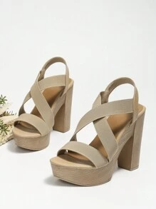 女士优雅派对/婚礼杏色松紧带仿木坡跟厚底高跟凉鞋，夏季 - 杏色 - 查看 5