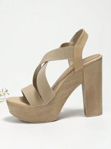 女士优雅派对/婚礼杏色松紧带仿木坡跟厚底高跟凉鞋，夏季 - 杏色 - 查看 6