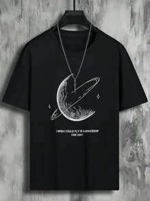 Claim Dot 男士T恤合身圓領下垂肩短袖圖形T恤地球休閒日系時尚夏季聚酯纖維 - 黑色 - 查看 6